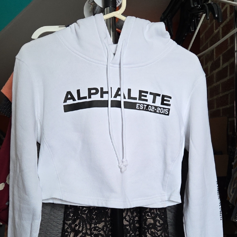 Alphalete White Crop Hoodie with Black Logo - Picture 1 of 5